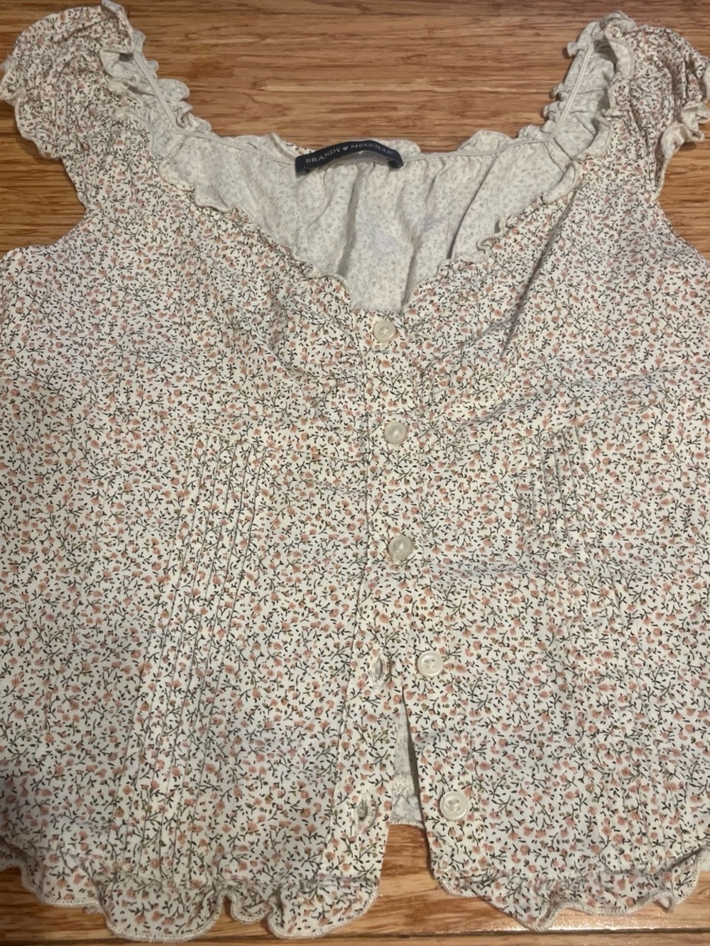 Brandy Melville Cream Button-Front Floral Ruffle Top with Pink and Green Print